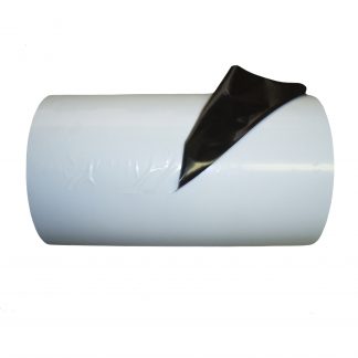 Anti-chafe tape with corner upturned to show black adhesive side