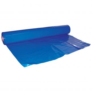 Blue Shrink Wrap mostrado em um núcleo de papelão; O material LDPE é dobrado várias vezes para caber em um tubo de papelão